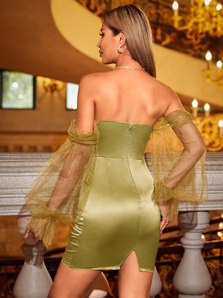 Ladies' Off-Shoulder Mesh Long Sleeve Bodycon Dress Fall Cloth For Women