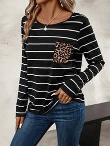 SHEIN LUNE 女款豹紋拼接口袋條紋t恤 - 棕色 - 查看 7