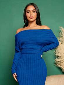 SHEIN SXY 女款露肩羅紋修身長袖連身裙 - 寶藍色 - 查看 3