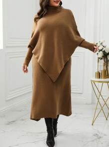 Calvaya Women's Plus Size Solid Color Turtleneck Batwing Sleeve Sweater And Skirt Set