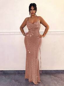 SHEIN SXY 女性優雅無袖露背玫瑰金美人魚亮片背心連衣裙 - 香檳色 - 查看 4