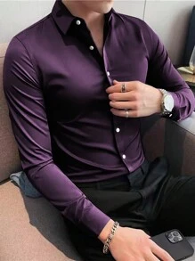 NITAGUT 男士緞面舞會燕尾服長袖正裝襯衫 - 紫色 - 查看 3