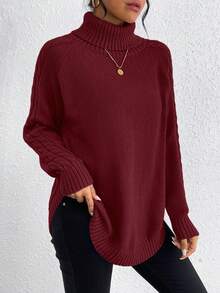 SHEIN LUNE 純色高領套頭連衣襯衫,線條寬鬆袖休閒毛衣 - 酒紅色 - 查看 3