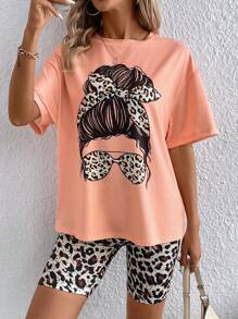 SHEIN LUNE Women's Leopard Print Round Neck T-Shirt And Shorts Set - Pink - View 4