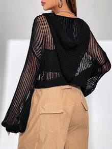 SHEIN Unity 女士空心設計束口連帽短款毛衣 - 黑色 - 查看 2