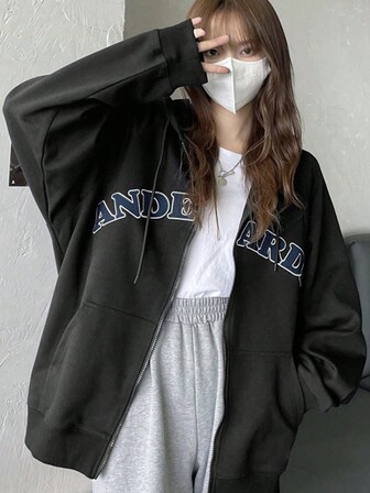 Women's Letter Print Drawstring Hooded Long Sleeve Zip-Up Sweatshirt