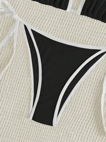 Swim Mod Summer Beach Women's Color-Blocked Halter Strap Bikini Set With Rolled Edge Detail, Two-Piece Bikini Set - Black and White - View 7