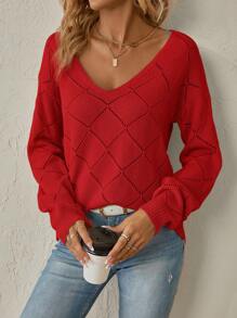 SHEIN Clasi Women's V-Neck Drop Shoulder Sweater,Long Sleeve Tops In Fall/Winter - Red - View 3