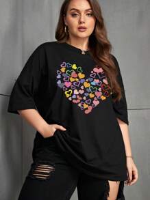 INAWLY 加心印花落肩图案 T 恤，女式上衣，夏季 - 黑色 - 查看 4