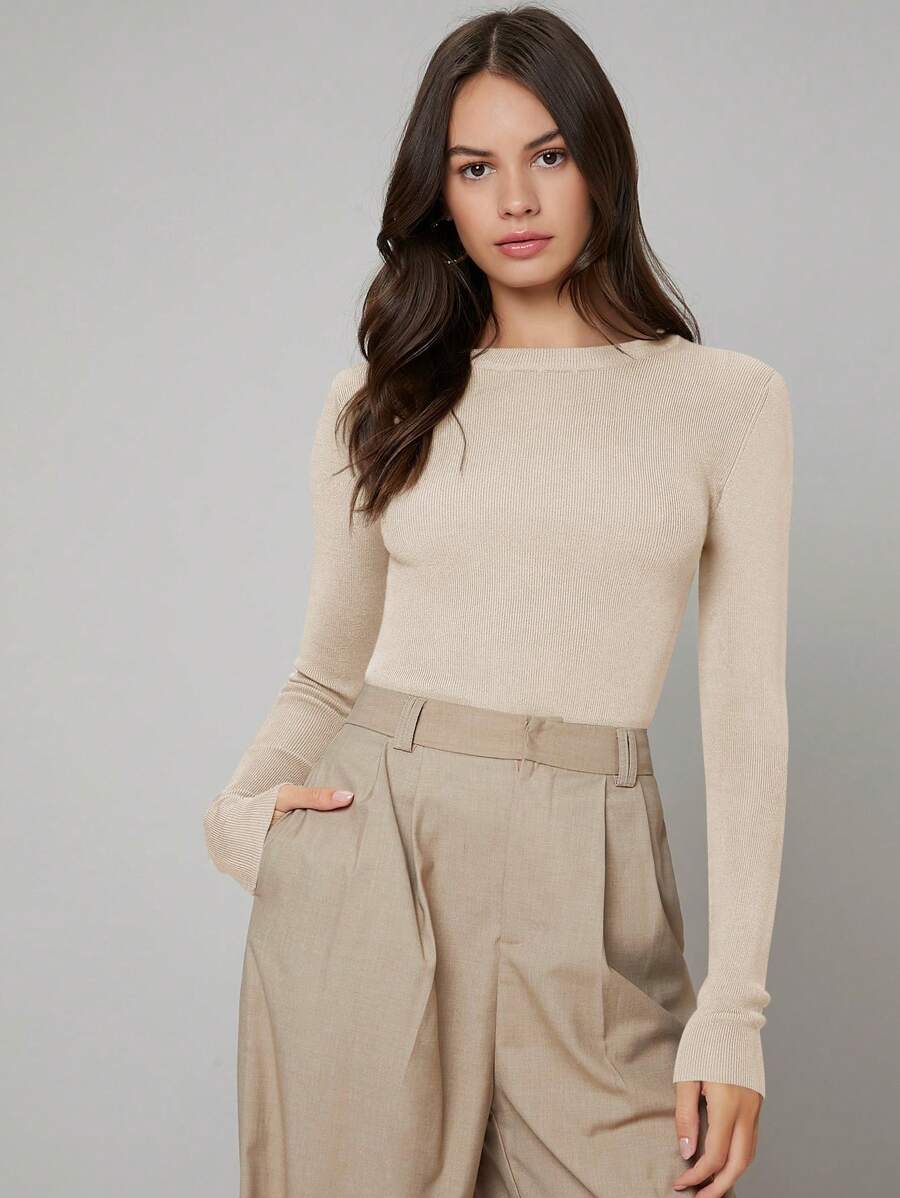 BizChic 女士纯色弹力修身长袖毛衣，浪漫优雅日常时尚商务休闲通勤款，适合办公室、教师、秋冬季商务休闲穿着。 - 卡其色 - 查看 1