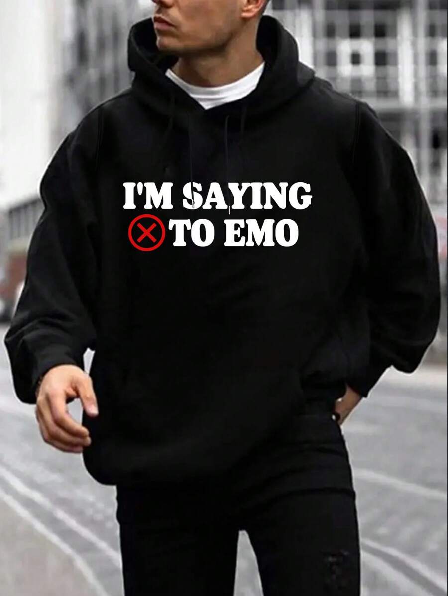 Men'S Slogan Print Fleece Hoodie With Drawstring - Black - View 1