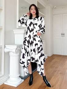 DAZY 不對稱下擺襯衫連衣裙 - 黑與白 - 查看 4