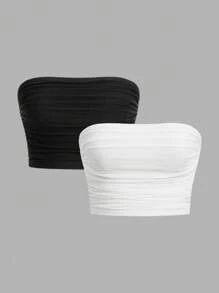 SHEIN EZwear Two-Piece Set Ruched Short Strapless Top - Multicolor - View 9