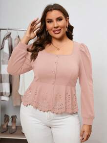 SHEIN Clasi Của phụ nữ Kích thước lớn Cổ áo vuông Chi tiết Nút Cắt viền Áo sơ mi - Bụi hồng - Xem 1