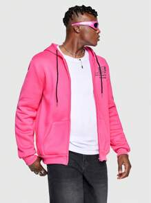 ROMWE MEN Anime Men Dragon And Letter Print Drawstring Hooded Sweatshirt - Hot Pink - View 4