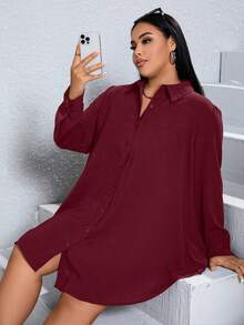 SHEIN Essnce 女士大尺碼純色燈籠袖襯衫連衣裙 - 酒紅色 - 查看 3