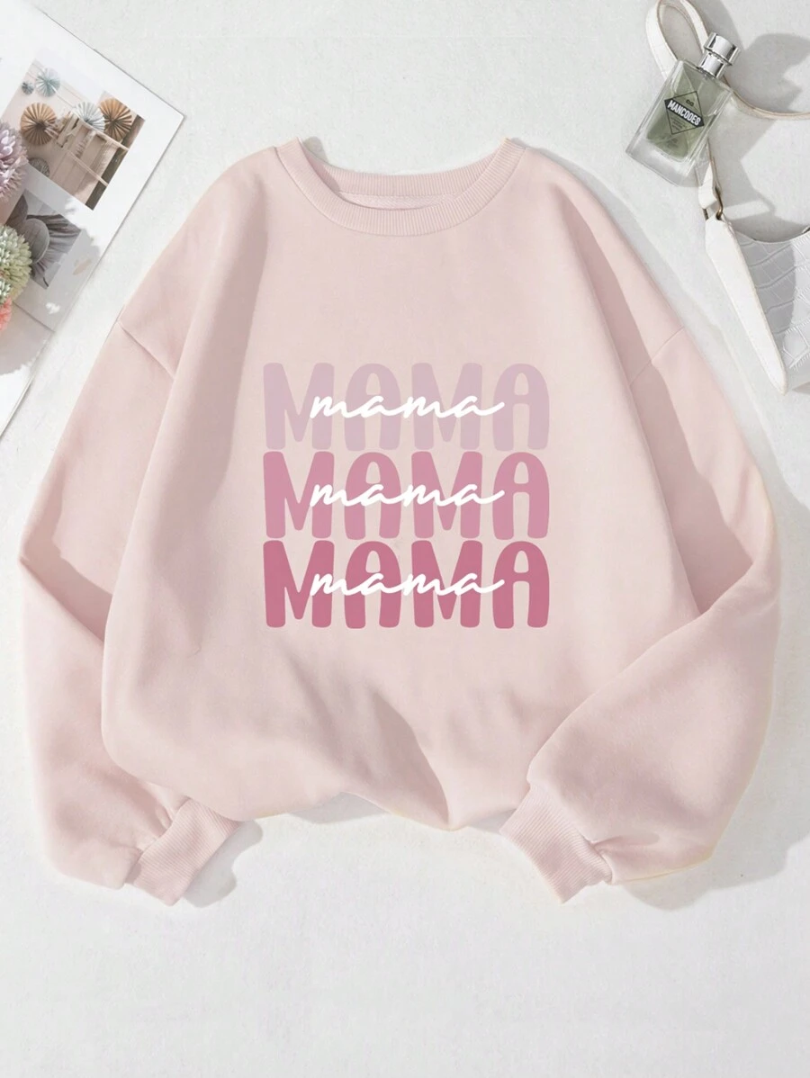 INAWLY Women's Letter Printed Round Neck Sweatshirt Mama Mama Mama,Long Sleeve Tops Graduation,Back To School Outfits,Graduation,Teacher Outfits For Women,Back To School Pullover Fall Outfit - Baby Pink - View 1
