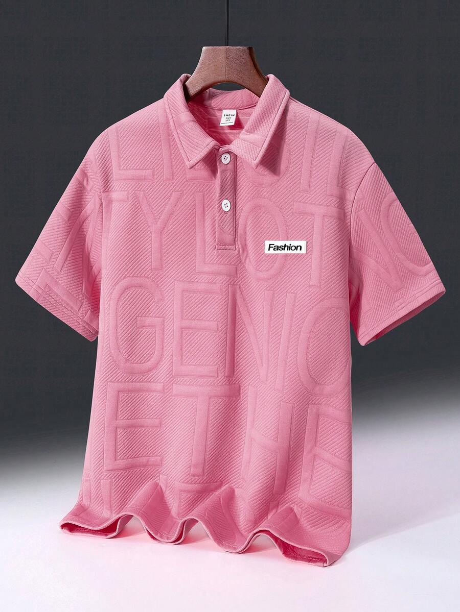 SHEIN Cậu bé Tween Lỏng lẻo phù hợp Dệt kim Ngắn tay Áo polo Với Phong cách Học viện Vòng cổ - Hồng - Xem 1