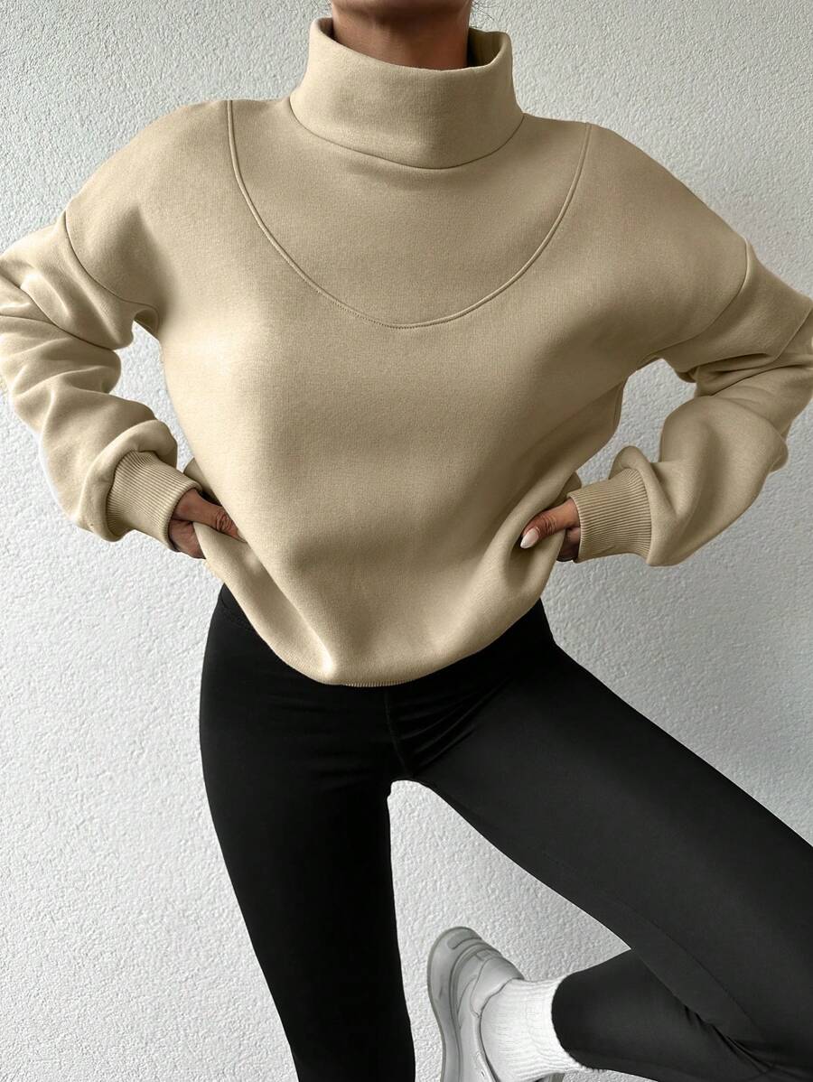 EURMUSE Solid Mock Neck Drop Shoulder Sweatshirt - Apricot - View 1