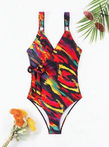 SHEIN Swim Ladies' Allover Print Tie One-Piece Swimsuit Carnival Summer