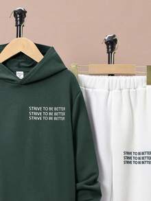 SHEIN 青少年男孩字母圖案連帽衛衣和運動長褲兩件套裝 - 綠色 - 查看 3