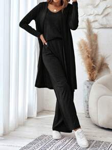 SHEIN LUNE 女款純色吊帶背心上衣、褲子和夾克三件套 - 黑色 - 查看 5