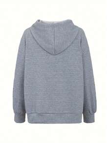 SHEIN LUNE Áo nỉ có mũ in hình trái tim cỡ lớn, có dây rút, thích hợp mặc mùa thu. - Xám - Xem 2