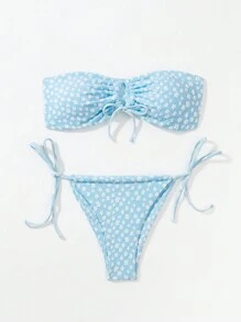SHEIN Swim Women'S Ditsy Floral Strapless Bikini Set With Printed Ribbon Summer