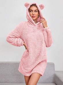 SHEIN Essnce 女式 3d 耳朵裝飾毛絨連帽衫連身裙 - 淺粉色 - 查看 1