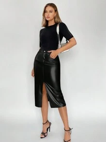 BizChic Women's Pu Leather Split Hem Skirt