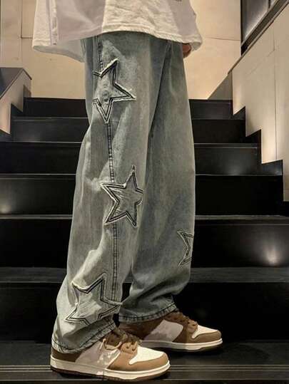 ROMWE MEN Anime Men's Casual Baggy Jeans With Star-Shaped Patches, School