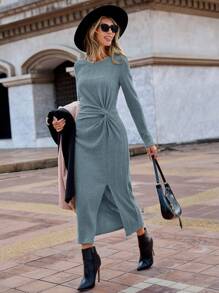 SHEIN Clasi Twist Detailing Front Slit Hem Long Sleeve Dress - Medium Wash - View 1