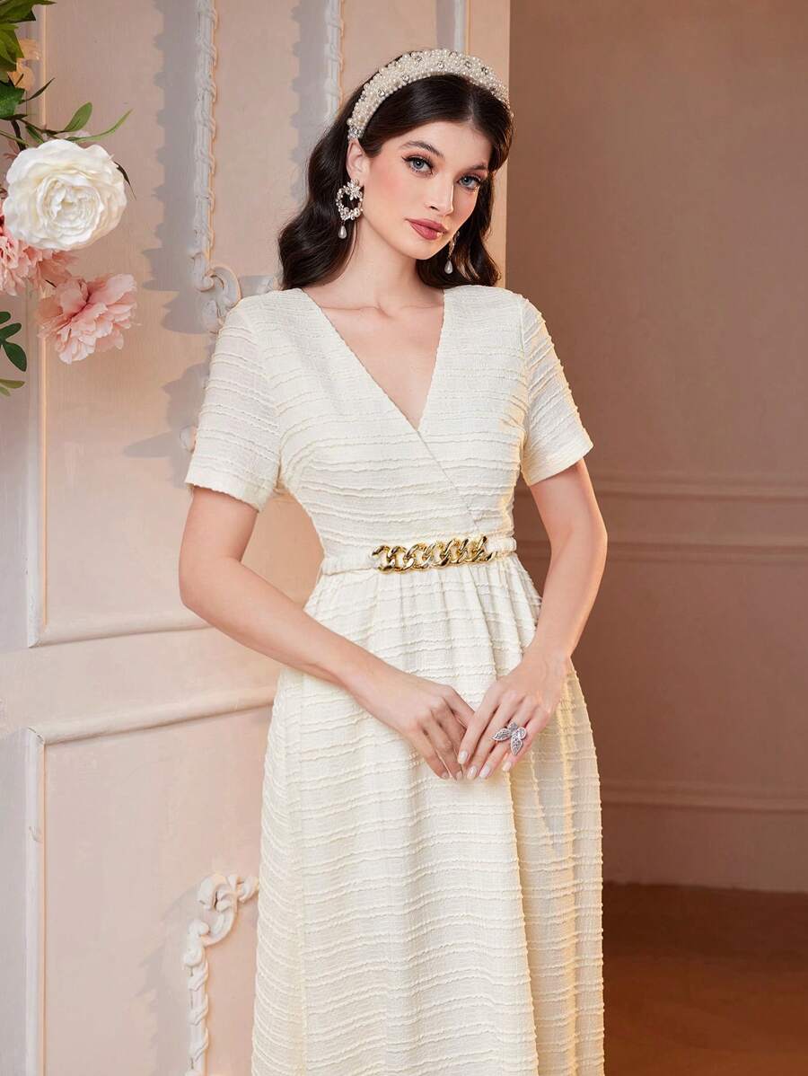 Modelyn 女士系带连衣裙，优雅晚会礼服长款晚礼服 - 杏色 - 查看 1