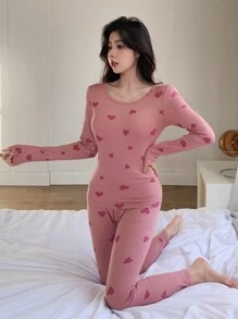 DAZY Bộ đồ ngủ tay dài và quần dài in hình trái tim cho nữ mùa thu đông - Hồng - Xem 6