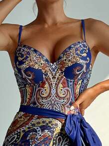 SHEIN Swim Oasis 佩斯利印花連身泳衣+打結泳裙 音樂節 - 彩色 - 查看 5