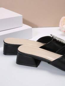 女士水钻扣一脚蹬凉鞋，夏季时尚高跟拖鞋，厚底带，适合约会、购物、通勤、商务、聚会、宴会 - 黑色 - 查看 5