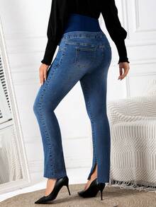 SHEIN Maternity Adjustable Waist Split Hem Jeans - Light Wash - View 2