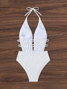 SHEIN Swim Đồ bơi liền thân hở lưng cổ yếm họa tiết đơn sắc dành cho nữ mùa hè - trắng - Xem 4