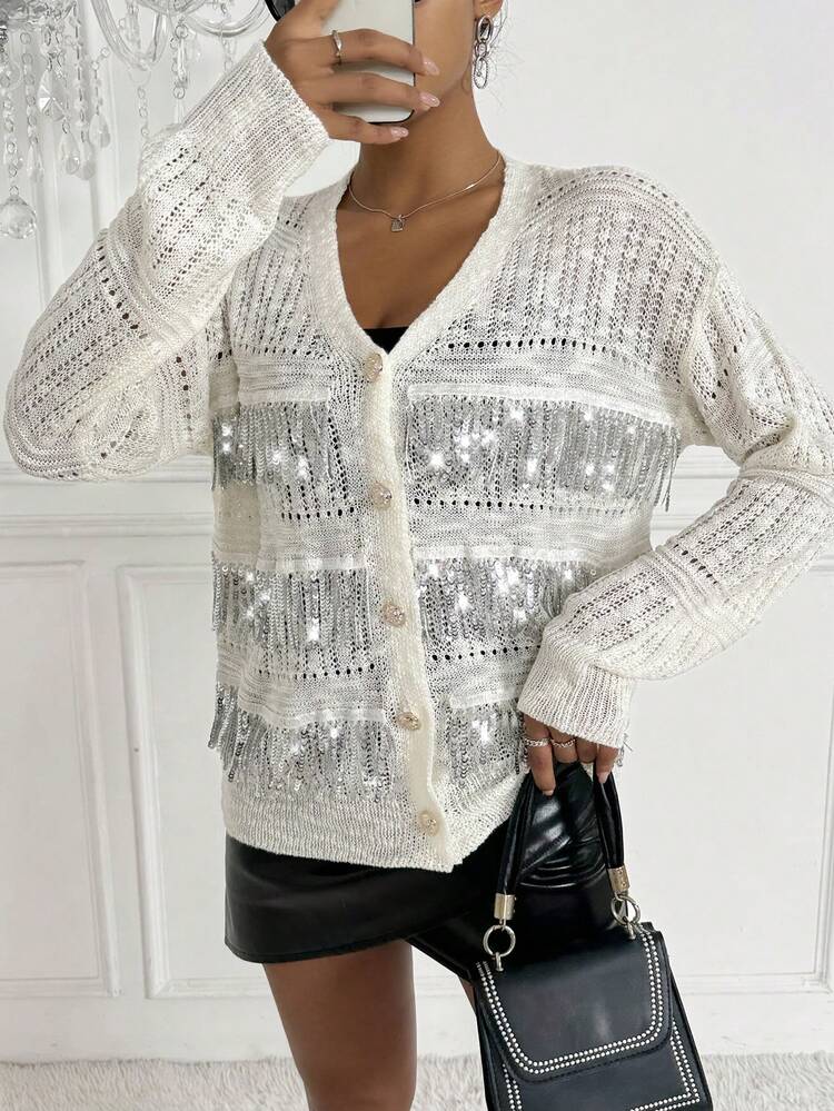 Women's Sparkling Fringe Button Front Cardigan Fall Cloth For Women