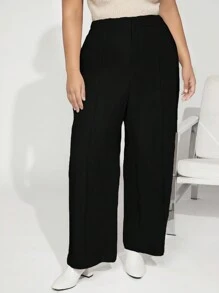 SHEIN BASICS Plus Size Solid Color Straight Pants - Black - View 7