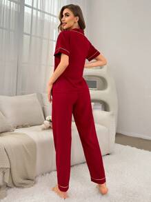 Women's Cartoon Print Contrast Trim Pajama Set - Burgundy - View 2