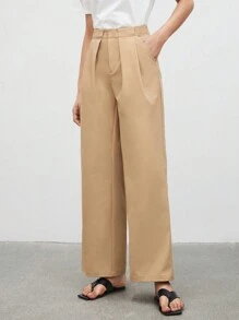 BizChic 女士純色百褶闊腿褲 - 卡其色 - 查看 2