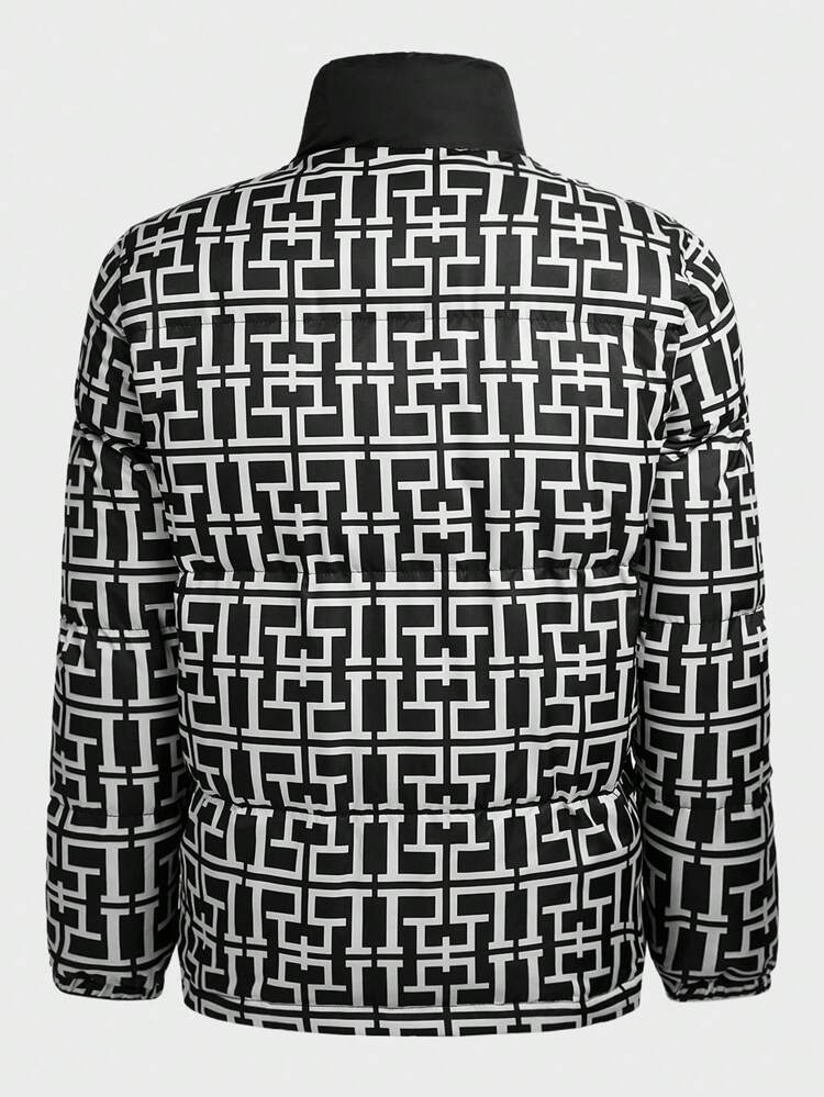 Men's Loose Fit Padded Coat With Geometric Print, For Fall Winter