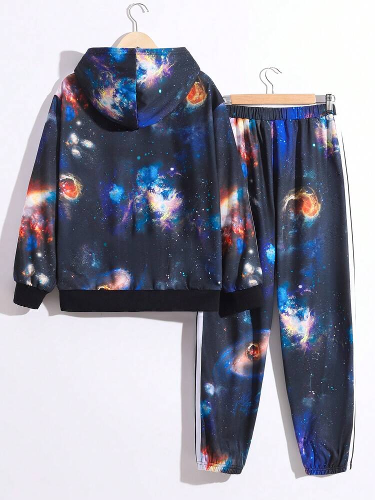 2pcs Teen Boys' Casual Space Print Hoodie Top & Sweatpants Set, Thermal Lined , Thickened