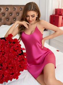 Solid Color Spaghetti Strap Nightdress - Hot Pink - View 3