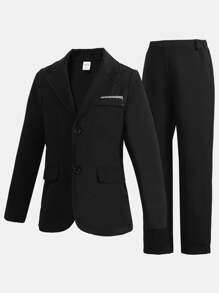 SHEIN Tween Boy Gentleman Two-Piece Suit, Black Notched Lapel Suit Jacket And Pants, Fashionable For Birthday Party, Evening Party, Performance, Wedding - Black - View 1