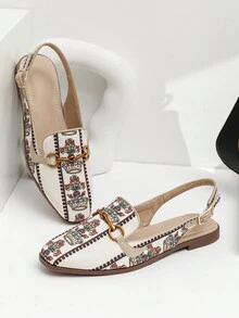 女士刺绣方头平底穆勒鞋，套脚式，百搭时尚，前袋后系带鞋 - 彩色 - 查看 1