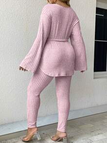 SHEIN LUNE 大尺寸純色羅紋針織兩件套 - 粉色 - 查看 2