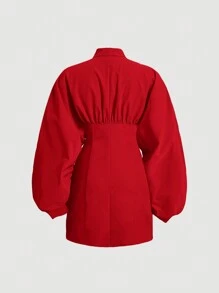 SHEIN MOD Women's Lantern Sleeve Pleated Shirt Dress - Burgundy - View 2