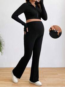 SHEIN 孕婦長袖前拉鍊上衣可調式腰部喇叭褲兩件套 - 黑色 - 查看 3